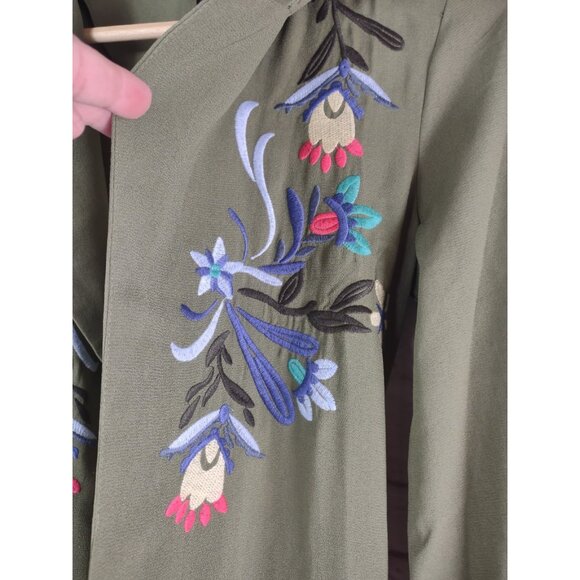 Davi & Dani Open Duster Sz S Green Embroidered Open Long Pockets Boho Hipster - Picture 7 of 11
